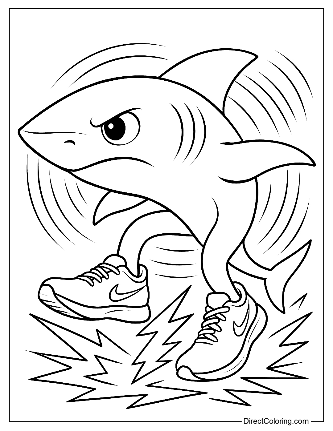 Tralalero Coloring Page runs so fast that it creates a sound wave in the shape of lightning under his feet